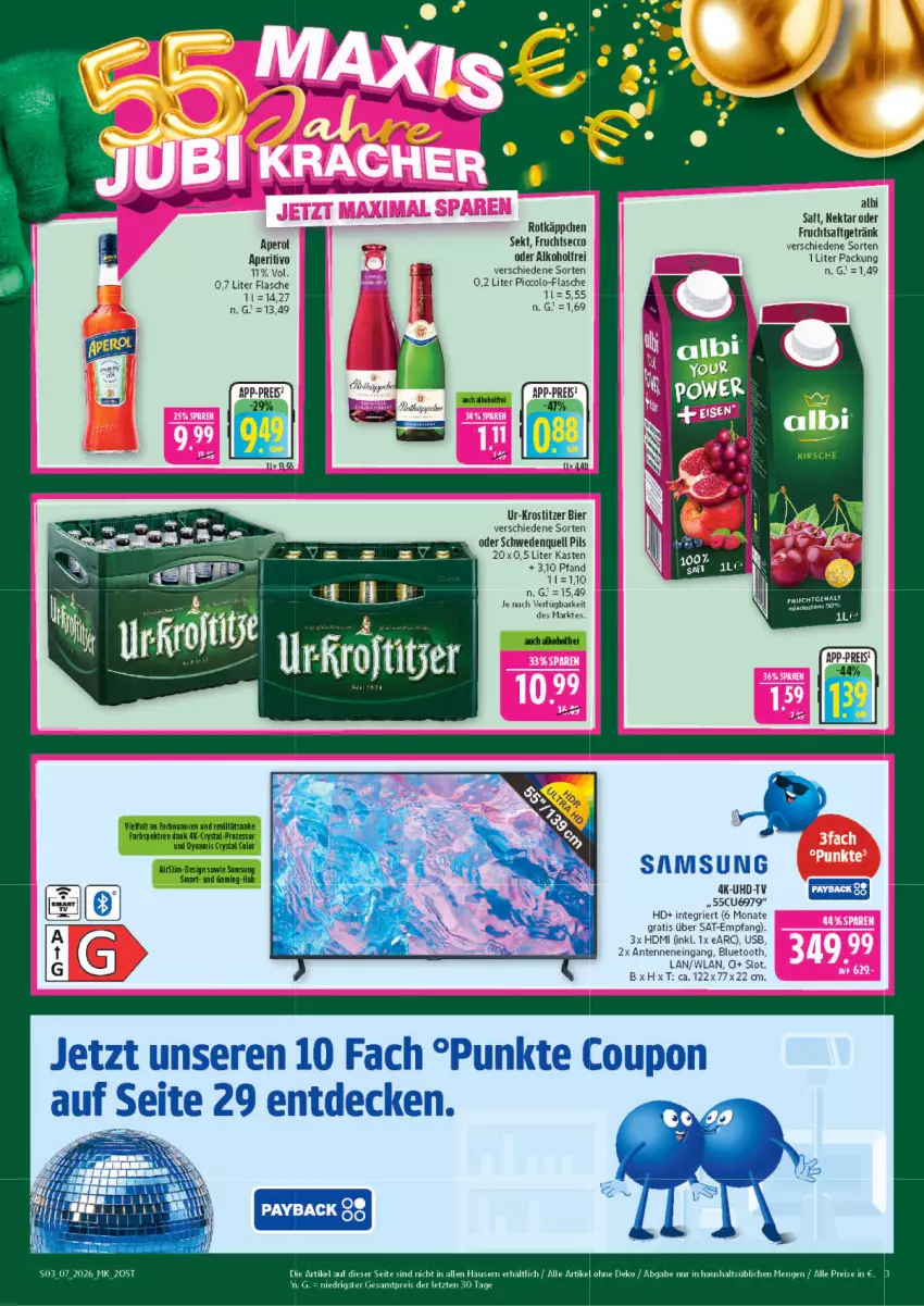 Aktueller Prospekt Marktkauf - Prospekt - von 08.02 bis 14.02.2026 - strona 3 - produkty: alkohol, aperol, bier, coupon, decke, ecco, eis, flasche, frucht, fruchtsaft, fruchtsaftgetränk, fruchtsecco, getränk, HDMI, Nektar, Nuance, payback, pils, reis, rotkäppchen, saft, sekt, Ti, uhd, UHD-TV, usb