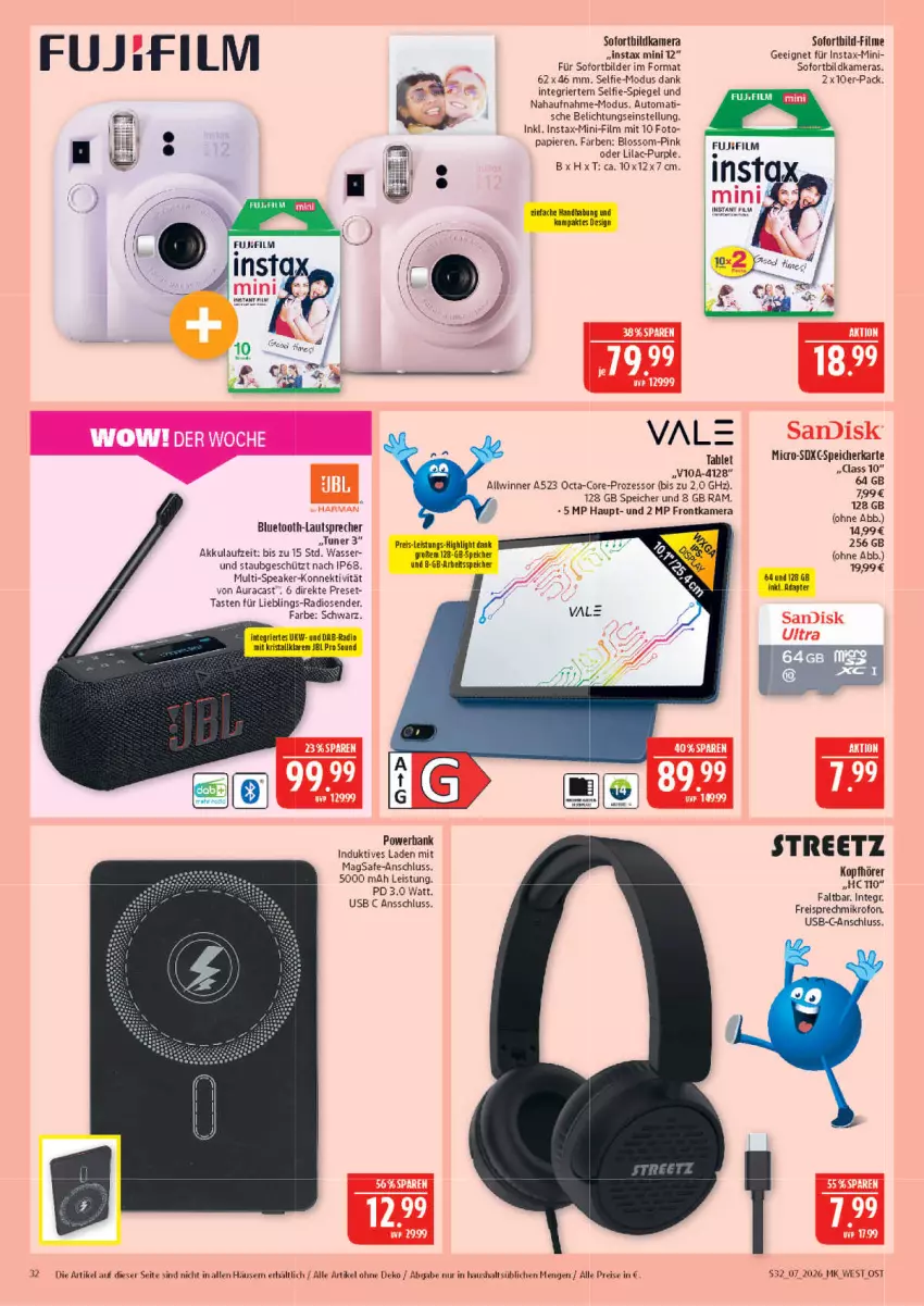Aktueller Prospekt Marktkauf - Prospekt - von 08.02 bis 14.02.2026 - strona 32 - produkty: akku, auto, bluetooth-lautsprecher, eis, frontkamera, harman, jbl, kamera, Kameras, kopfhörer, lautsprecher, papier, Radio, reis, speicherkarte, spiegel, tablet, Ti, tuner, usb, wasser