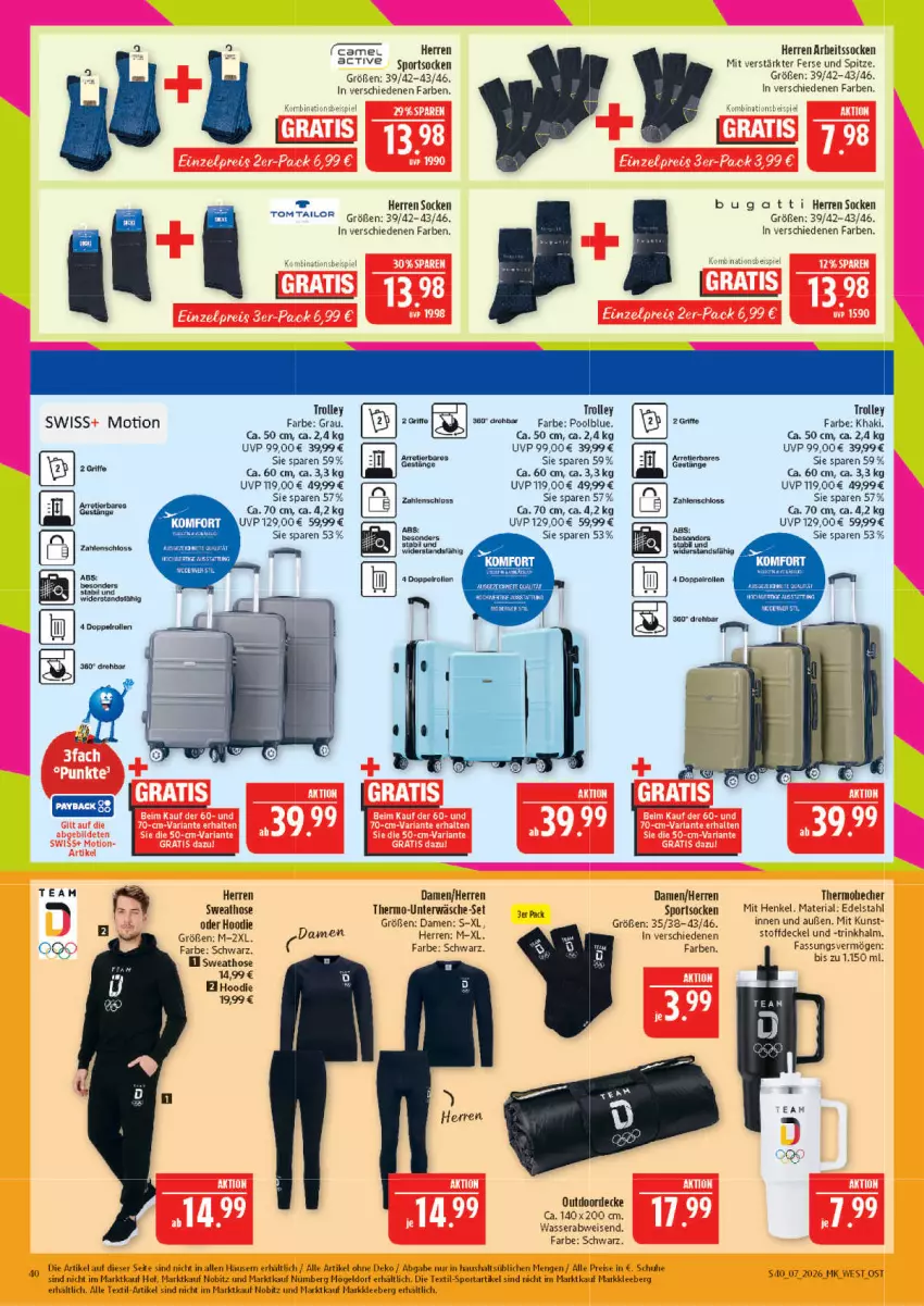 Aktueller Prospekt Marktkauf - Prospekt - von 08.02 bis 14.02.2026 - strona 40 - produkty: Arbeitssocken, Becher, decke, Deckel, edelstahl, eis, henkel, hose, LG, lion, mac, pool, reis, Ria, schuhe, socken, Sport, sportsocken, Sweathose, Ti, trolley, Unterwäsche, wasser
