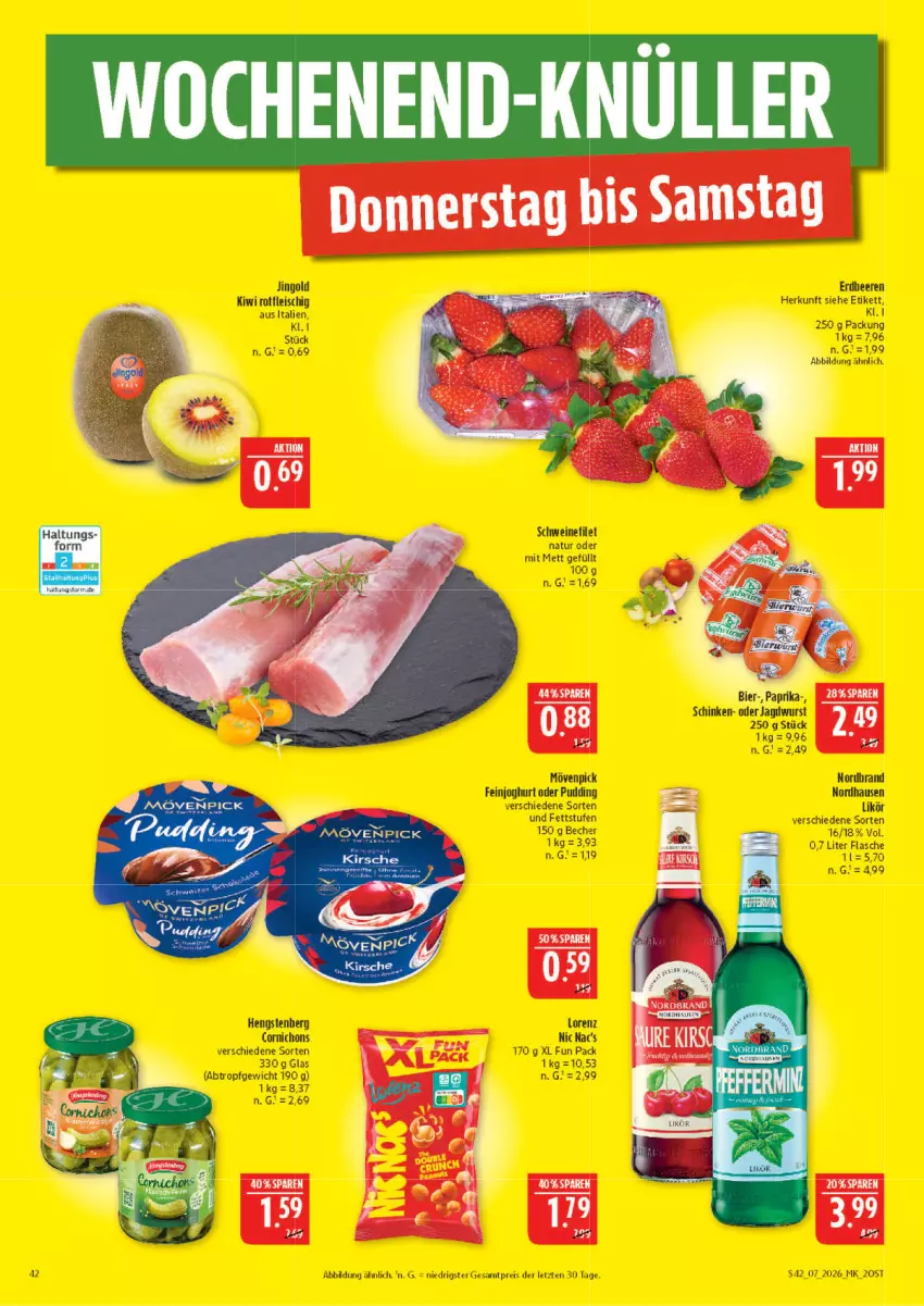 Aktueller Prospekt Marktkauf - Prospekt - von 08.02 bis 14.02.2026 - strona 42 - produkty: Becher, eis, erde, feinjoghurt, filet, flasche, fleisch, hengstenberg, jagdwurst, joghur, joghurt, kiwi, likör, lorenz, Mett, mövenpick, natur, nic nac's, pudding, reis, schinken, schwein, schweine, schweinefilet, Ti, wein, weine, wurst, ZTE