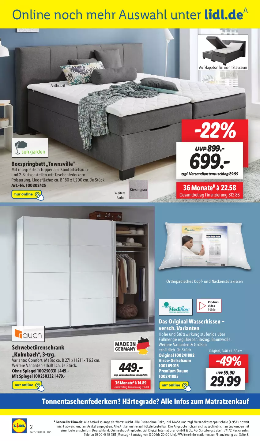 Aktueller Prospekt Lidl - Wochen-Highlights im Onlineshop - von 13.06 bis 19.06.2022 - strona 2 - produkty: angebot, angebote, Bau, baumwolle, bett, boxspringbett, deo, eis, elle, federkern, gin, kissen, LG, Liege, matratze, matratzen, nackenstützkissen, ndk, reis, rel, Ria, ring, Schal, Schale, Schrank, schwebetürenschrank, spiegel, Tasche, taschen, telefon, Ti, topper, türenschrank, uhr, wasser, wolle