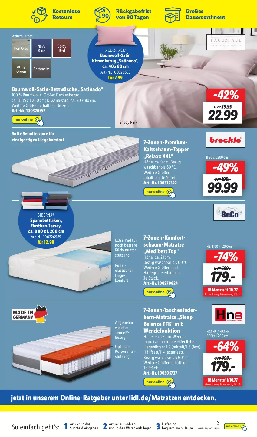 Aktueller Prospekt Lidl - Wochen-Highlights im Onlineshop - von 13.06 bis 19.06.2022 - strona 3 - produkty: asti, auer, Bau, baumwolle, bett, bettwäsche, decke, federkern, kissen, Kissenbezug, komfortschaum-matratze, korb, Liege, matratze, matratzen, rel, satin-bettwäsche, spannbettlaken, Tasche, taschen, taschenfederkern-matratze, Ti, tisch, topper, wendematratze, wolle