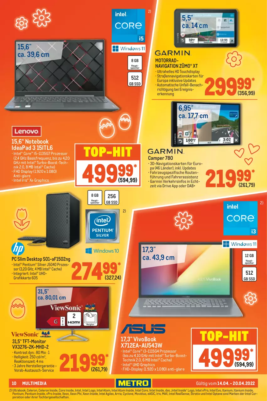 Aktueller Prospekt Metro - NonFood - von 14.04 bis 20.04.2022 - strona 10 - produkty: aust, auto, celeron, elle, fisch, fische, garmin, HD Graphics, Intel, monitor, notebook, Pentium, Ria, Spezi, teller, Ti, tisch, top-hit, uhd, VivoBook