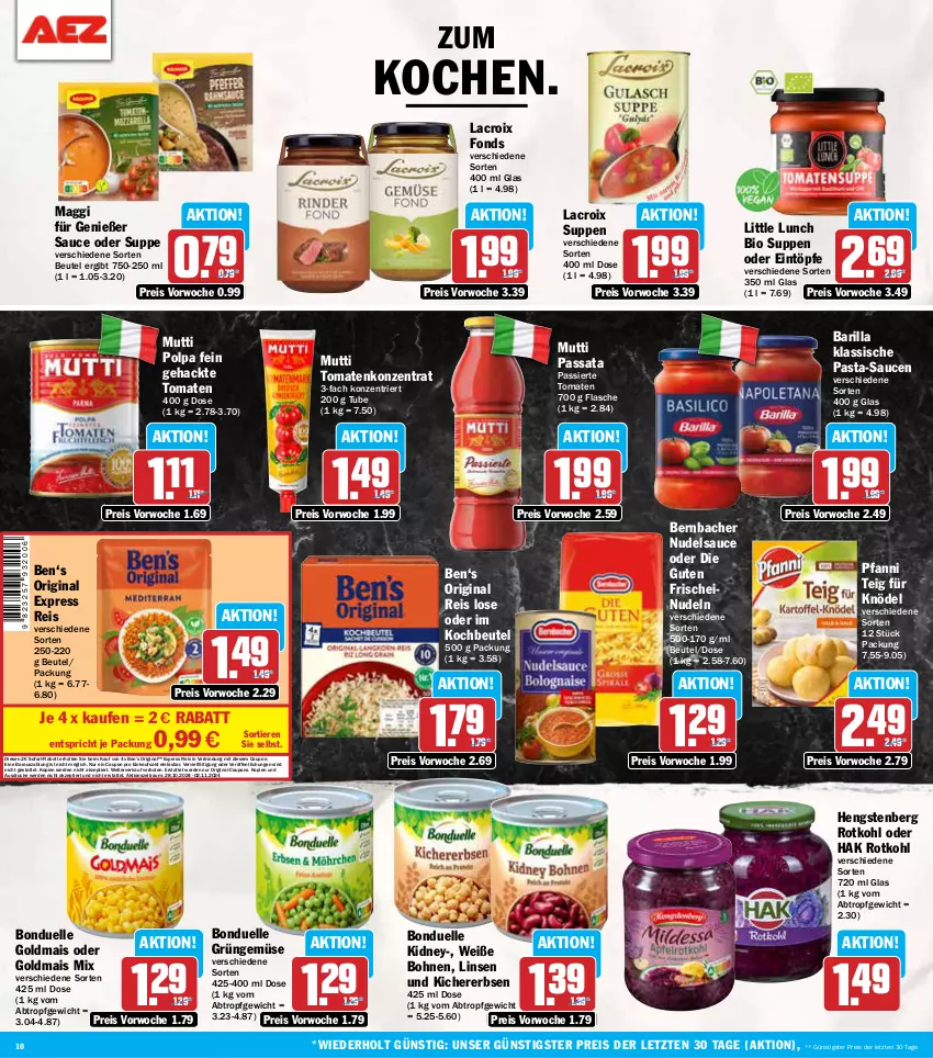 Aktueller Prospekt Aez - Prospekte - von 28.10 bis 02.11.2024 - strona 10 - produkty: barilla, Ben’s Original, bernbacher, beutel, bio, bohne, bohnen, bonduelle, bonduelle goldmais, coupon, coupons, eintöpfe, eis, elle, erbsen, erde, flasche, gin, Goldmais, goldmais oder, hengstenberg, kichererbsen, kidney, Knödel, kochbeutel, linsen, maggi, mais, Mutti, nudel, nudeln, pasta, pasta-sauce, pfanni, reis, rotkohl, sauce, saucen, sofort-rabatt, suppe, suppen, Ti, Tiere, tomate, tomaten, Weiße Bohnen, ZTE