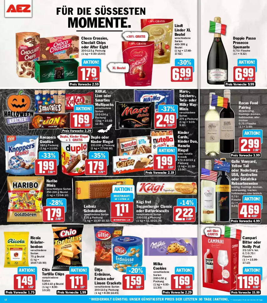 Aktueller Prospekt Aez - Prospekte - von 28.10 bis 02.11.2024 - strona 12 - produkty: after eight, aktionspreis, aust, beutel, burger, butter, campari, chips, choclait chips, choco crossies, cola, cookie, cookies, crossies, doppio passo, duplo, ecco, eis, ente, erdnüsse, flasche, frucht, gallo, hanuta, haribo, Kägi, keks, kekse, Kinder, kinder riegel, kitkat, knoppers, kräuter, leibniz, lindor, lindt, linsen, lion, mars, milka, milky way, nederburg, nutella, passo, prosecco, puma, rebsortenweine, reis, Ricola, riegel, ring, schoko, smarties, snickers, spumante, Ti, tortilla, Tortilla Chips, twix, ültje, ültje erdnüsse, wein, weine, yellow tail, ZTE