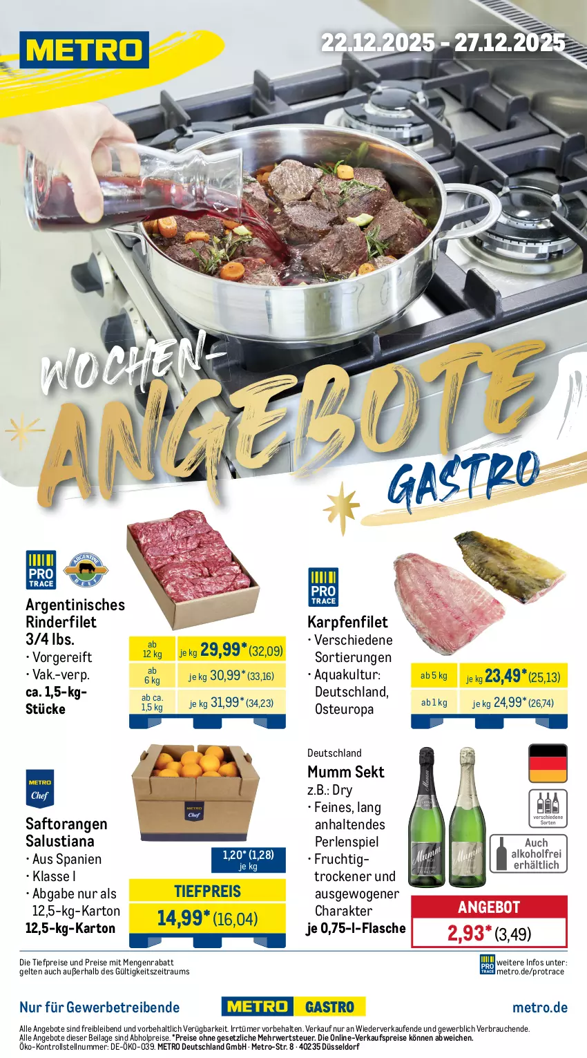 Aktueller Prospekt Metro - Wochen-Angebote Gastro - von 22.12 bis 27.12.2025 - strona 1 - produkty: abholpreise, angebot, angebote, aqua, eis, filet, flasche, frucht, ilag, Lusti, Metro, mumm, orange, orangen, perlen, Rauch, reis, rind, rinder, rinderfilet, rwe, saft, Saftorangen, Salus, sekt, Ti, tiefpreis