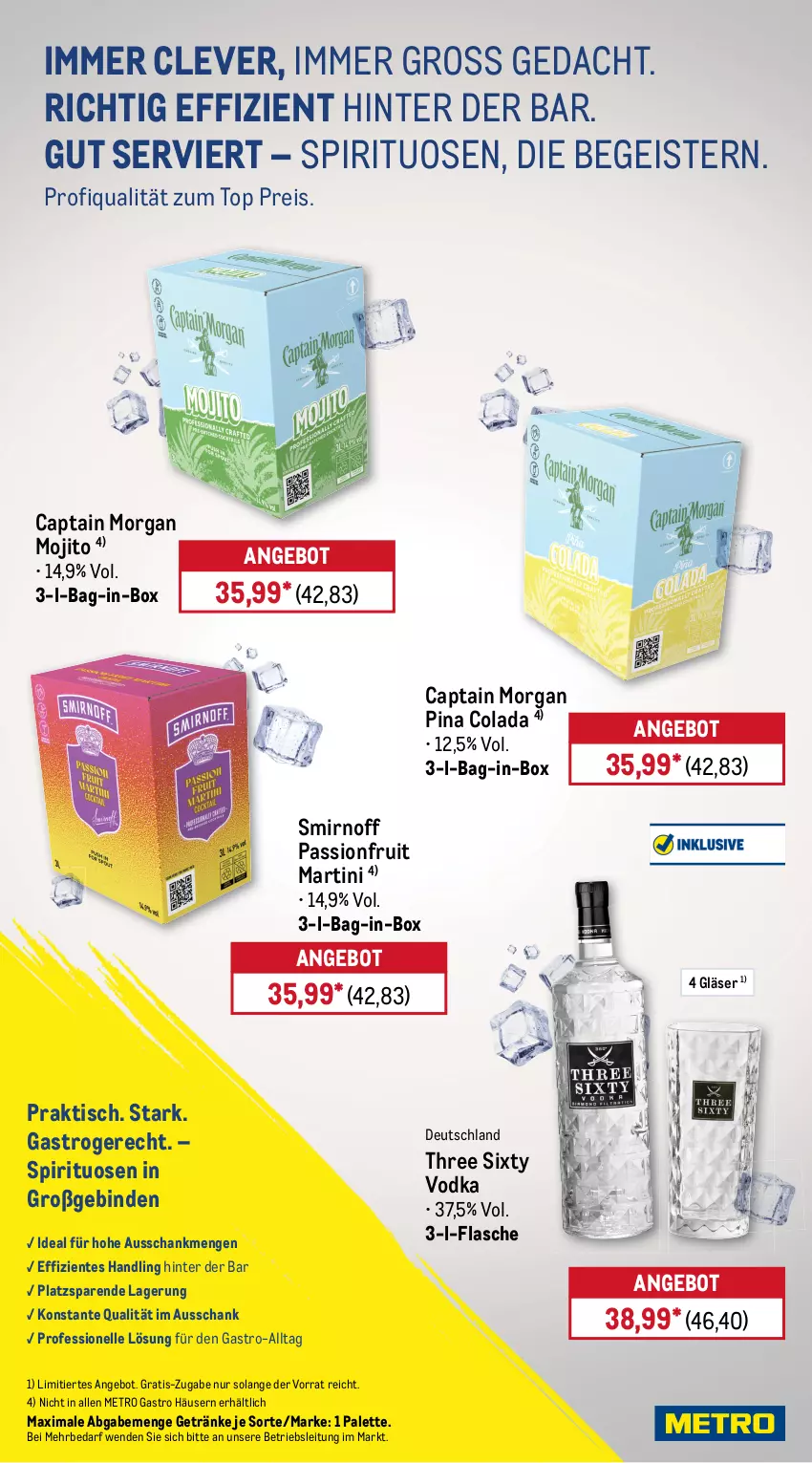 Aktueller Prospekt Metro - Wochen-Angebote Gastro - von 22.12 bis 27.12.2025 - strona 14 - produkty: angebot, asbach uralt, bacardi, bacardi rum, bag-in-box, binden, bombay sapphire, bourbon, bourbon whiskey, Cap, captain morgan, cola, dry gin, eis, elle, ente, flasche, Germ, getränk, getränke, gin, gin mare, Gläser, jack daniel, jägermeister, kräuter, kräuterlikör, likör, london dry, london dry gin, martini, Meister, Metro, metro gastro, mojito, Palette, reis, rum, sapphire, smirnoff, spirituosen, Three Sixty, Ti, tisch, vodka, whiskey
