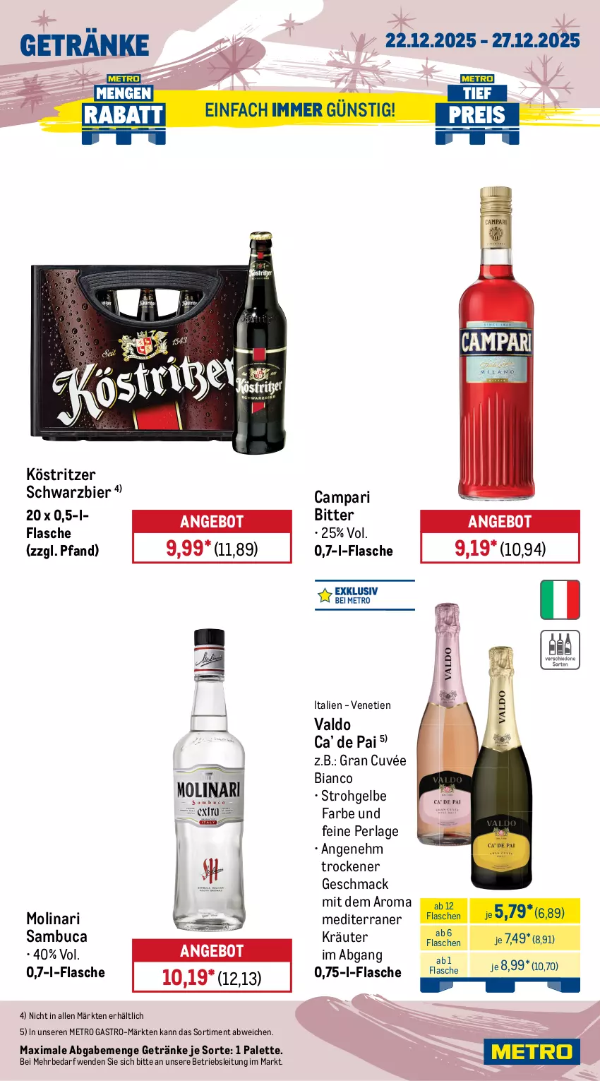Aktueller Prospekt Metro - Wochen-Angebote Gastro - von 22.12 bis 27.12.2025 - strona 16 - produkty: angebot, aprikose, aprikosen, bier, brut, campari, champagne, champagner, coupon, cuvée, eis, elle, ente, finesse, flasche, früchte, früchten, getränk, getränke, köstritzer, kräuter, mac, Metro, metro gastro, Molinari, nivea, orange, orangen, Palette, perla, reis, Ria, sambuca, Schal, Schale, Ti, valdo, zitrone, zitronen