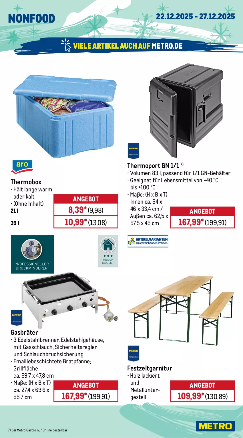 Aktueller Prospekt Metro - Wochen-Angebote Gastro - von 22.12 bis 27.12.2025 - strona 22 - produkty: angebot, Behälter, bratpfanne, edelstahl, garnitur, Gasbräter, grill, grillfläche, Holz, lack, lebensmittel, LG, maille, Metro, metro gastro, pfanne, schlauch, Ti, Zelt