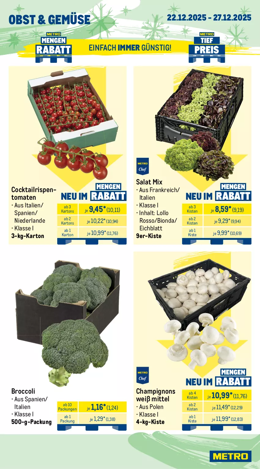 Aktueller Prospekt Metro - Wochen-Angebote Gastro - von 22.12 bis 27.12.2025 - strona 8 - produkty: bio, broccoli, butter, champignon, champignons, cocktail, eimer, eis, frucht, fruchtjoghurt, joghur, joghurt, mac, meggle, milch, milram, obst, reis, rispentomaten, sahne, salakis, salat, schlagsahne, Ti, tisch, tomate, tomaten