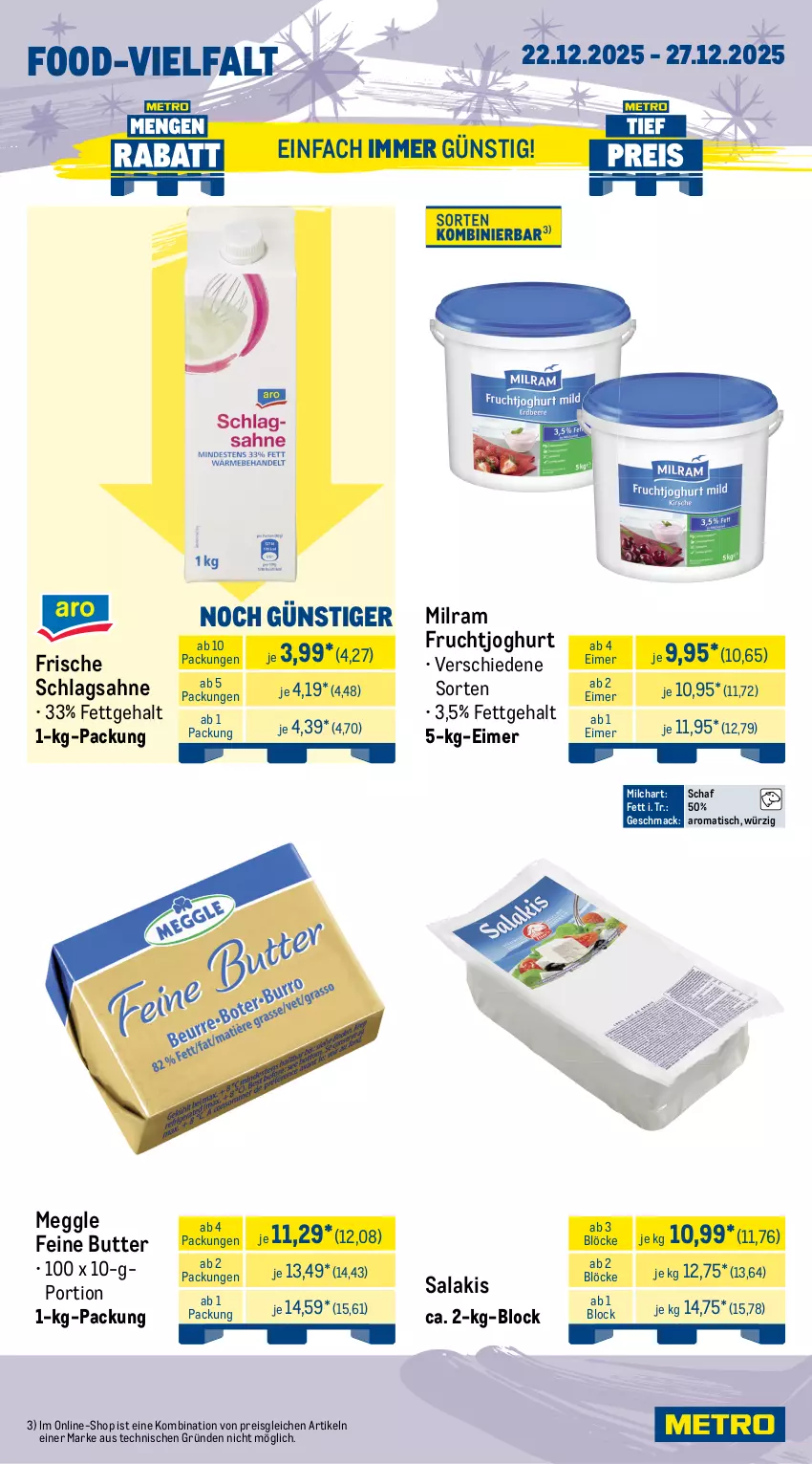 Aktueller Prospekt Metro - Wochen-Angebote Gastro - von 22.12 bis 27.12.2025 - strona 9 - produkty: bio, broccoli, butter, champignon, champignons, cocktail, eimer, eis, frucht, fruchtjoghurt, joghur, joghurt, mac, meggle, milch, milram, obst, reis, rispentomaten, sahne, salakis, salat, schlagsahne, Ti, tisch, tomate, tomaten