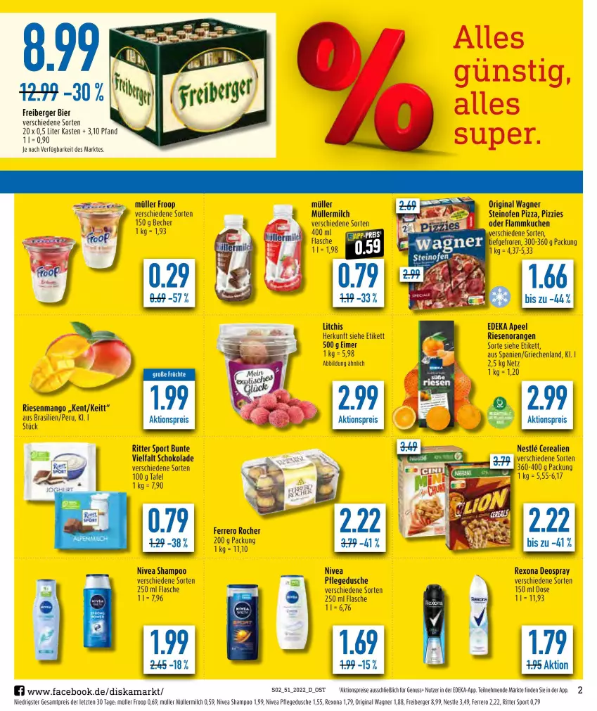 Aktueller Prospekt Diska - Prospekte - von 19.12 bis 24.12.2022 - strona 2 - produkty: aktionspreis, Becher, Berger, bier, cerealien, deka, deo, deospray, dusche, eimer, eis, ferrero, Ferrero Rocher, flammkuchen, flasche, Freiberger, froop, früchte, gin, kuchen, lamm, mango, milch, Müller, müller froop, müllermilch, nivea, nuss, Ofen, orange, orangen, original wagner, pflegedusche, pizza, reis, rexona, ritter, ritter sport, schoko, schokolade, shampoo, Sport, steinofen, steinofen pizza, Ti, wagner, ZTE