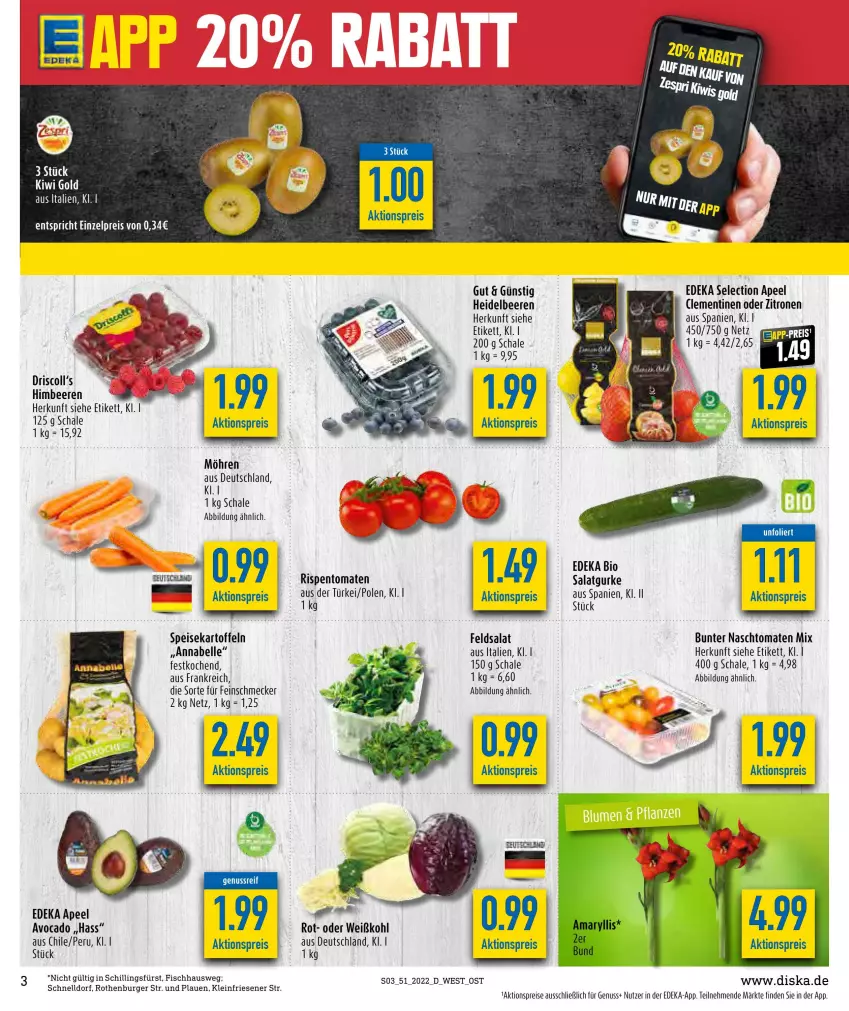 Aktueller Prospekt Diska - Prospekte - von 19.12 bis 24.12.2022 - strona 3 - produkty: aktionspreis, avocado, beere, beeren, bio, burger, clementinen, deka, edeka bio, eis, elle, feinschmecker, feldsalat, fisch, gurke, heidelbeere, heidelbeeren, kartoffel, kartoffeln, möhren, nuss, reis, rispentomaten, salat, Salatgurke, Schal, Schale, speisekartoffeln, Ti, tomate, tomaten, Weißkohl, zitrone, zitronen