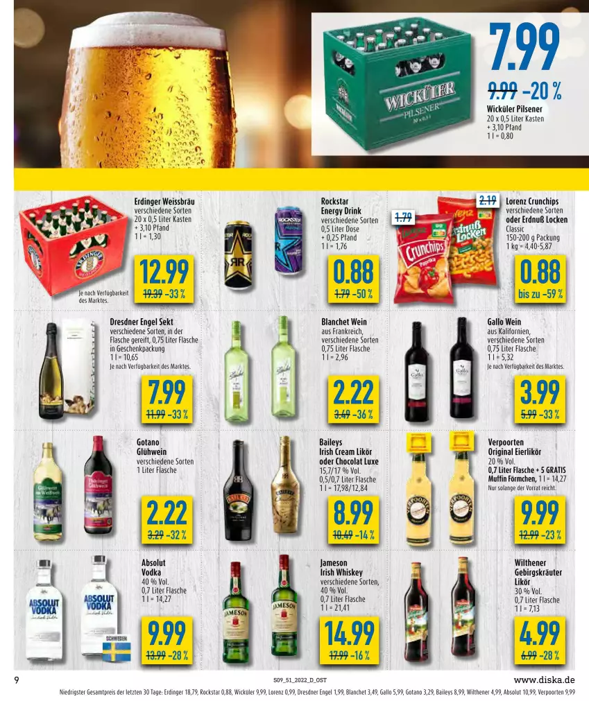 Aktueller Prospekt Diska - Prospekte - von 19.12 bis 24.12.2022 - strona 9 - produkty: Absolut Vodka, baileys, chips, cola, crunchips, drink, eier, eierlikör, eis, energy drink, Engel, erdinger, flasche, gallo, geschenkpackung, gin, Glühwein, irish cream, irish whiskey, jameson, kräuter, likör, lorenz, lorenz crunchips, Muffin, pils, pilsener, reis, Rockstar, sekt, Ti, verpoorten, vodka, wein, whiskey, WICK, wilthener, ZTE