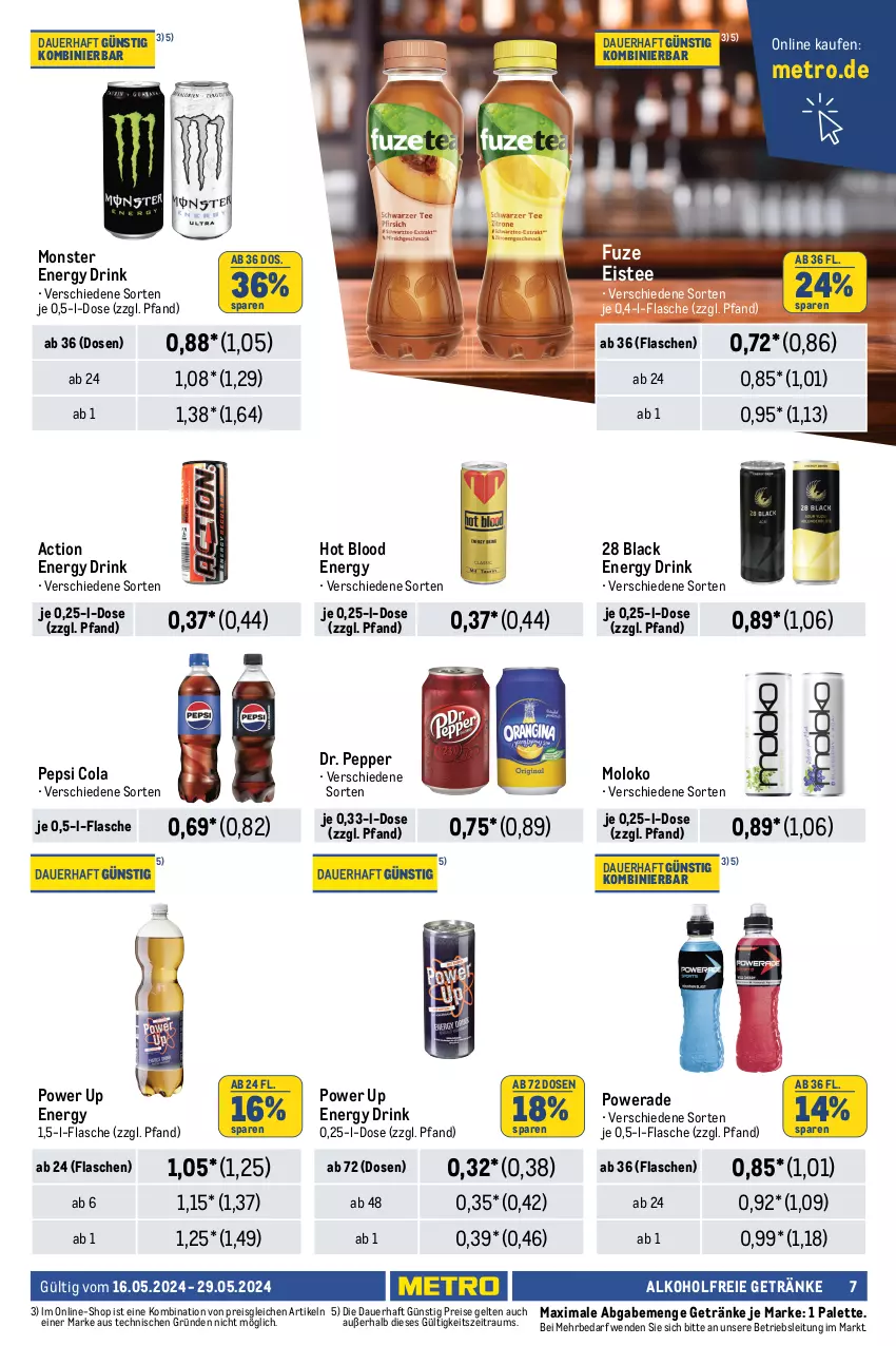 Aktueller Prospekt Metro - Händler Journal - von 16.05 bis 29.05.2024 - strona 7 - produkty: alkohol, alkoholfreie getränke, auer, bier, bitburger, burger, cola, desperados, drink, eis, eistee, energy drink, flasche, getränk, getränke, lack, Metro, Mixer, mixery, monster, Monster Energy, Palette, pepsi, Pepsi Cola, pils, pilsener, premium pils, reis, steiner, tee, tequila, Ti, tyskie, veltins, warsteiner