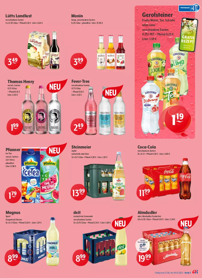 Aktueller Prospekt Getraenke Hoffmann - Prospekte - von 27.06 bis 09.07.2022 - strona 7 - produkty: almdudler, apfel, bio, bionade, blueberry, coca-cola, cola, deit, durstlöscher, eier, eis, eistee, elle, fever-tree, flasche, gerolsteine, gerolsteiner, grapefruit, Happy Day, ice tea, lack, limo, limonade, monin, natur, pfanne, Pfanner, Rauch, reis, rezept, saft, sanpellegrino, schorle, sirup, Sport, steiner, tee, thomas henry, Ti, zitrone, zucker