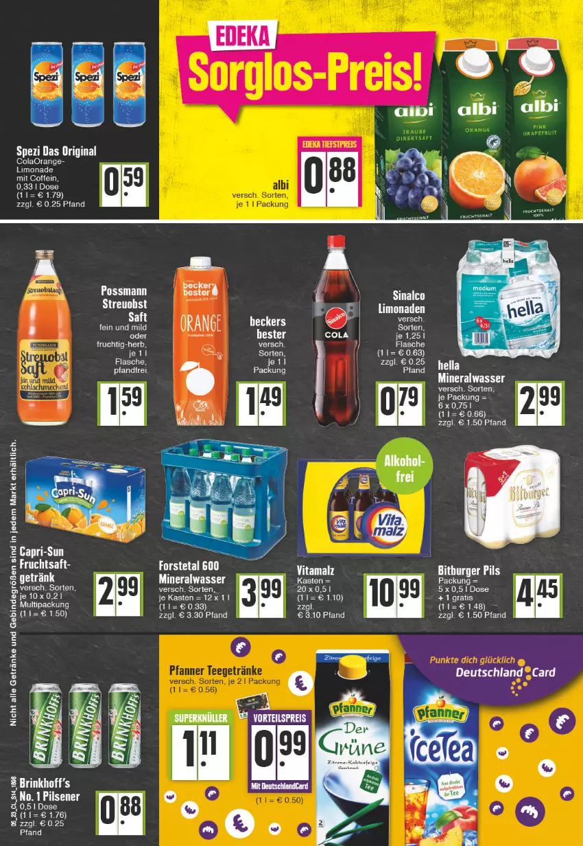 Aktueller Prospekt Edeka - Angebote der Woche - von 30.01 bis 04.02.2023 - strona 14 - produkty: Alwa, coffein, cola, eier, eis, flasche, Forstetal, frucht, getränk, getränke, gin, limo, limonade, limonaden, malz, mineralwasser, obst, orange, pils, pilsener, saft, sinalco, Spezi, Ti, vita, vitamalz, wasser