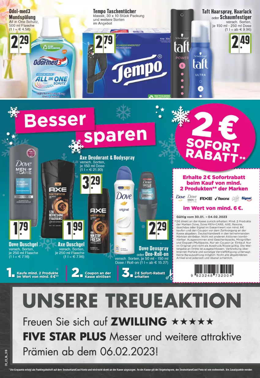 Aktueller Prospekt Edeka - Angebote der Woche - von 30.01 bis 04.02.2023 - strona 18 - produkty: angebot, angebote, arla, axe, axe duschgel, body, bodyspray, Brei, coupon, deo, deodorant, dove, duschgel, erde, flasche, gin, Haarlack, haarspray, lack, LG, messer, mundspülung, Odol, rexona, roll-on, Signal, sofort-rabatt, spülung, Taft, Tasche, taschen, taschentücher, Tempo, Ti, tücher