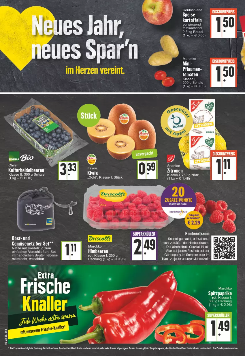 Aktueller Prospekt Edeka - Angebote der Woche - von 30.01 bis 04.02.2023 - strona 4 - produkty: alkohol, beere, beeren, beutel, cocktail, deutschland card, eis, ente, heidelbeere, heidelbeeren, himbeer, himbeere, himbeeren, kartoffel, kartoffeln, obst, pflaume, pflaumen, Schal, Schale, tomate, tomaten, tuner