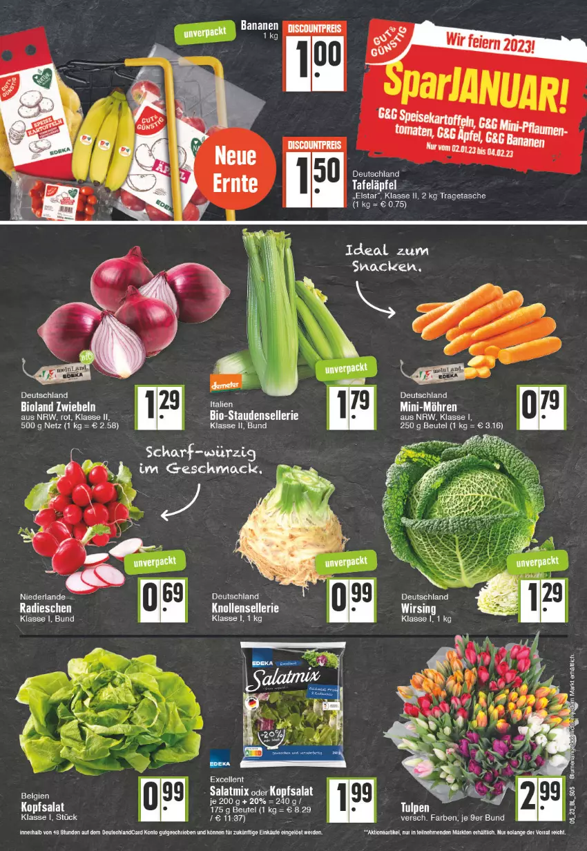 Aktueller Prospekt Edeka - Angebote der Woche - von 30.01 bis 04.02.2023 - strona 5 - produkty: beutel, bio, bioland, elle, ente, erde, kopfsalat, mac, Mini-Möhren, möhren, radieschen, salat, Salatmix, stauden, tafeläpfel, Tasche, Ti, tragetasche, Wirsing, zwiebel, zwiebeln