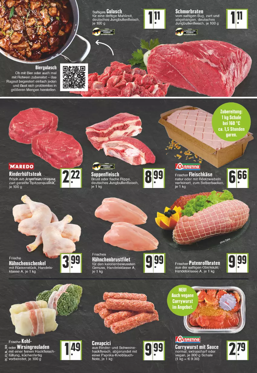 Aktueller Prospekt Edeka - Angebote der Woche - von 30.01 bis 04.02.2023 - strona 6 - produkty: bier, braten, brustfilet, cevapcici, curry, currywurst, eis, elle, filet, fleisch, fleischkäse, gulasch, hackfleisch, hähnchenbrust, hähnchenbrustfilet, hähnchenschenkel, henkel, hüftsteak, jungbullen, Käse, knoblauch, küche, Küchen, mit röstzwiebeln, natur, nuss, paprika, pute, Putenrollbraten, Ragout, rind, rinder, rollbraten, röstzwiebeln, rotwein, rouladen, saft, Schal, Schale, schenkel, schmorbraten, schwein, schweine, steak, suppe, suppen, suppenfleisch, tee, Ti, wein, weine, Wirsing, wurst, zwiebel, zwiebeln