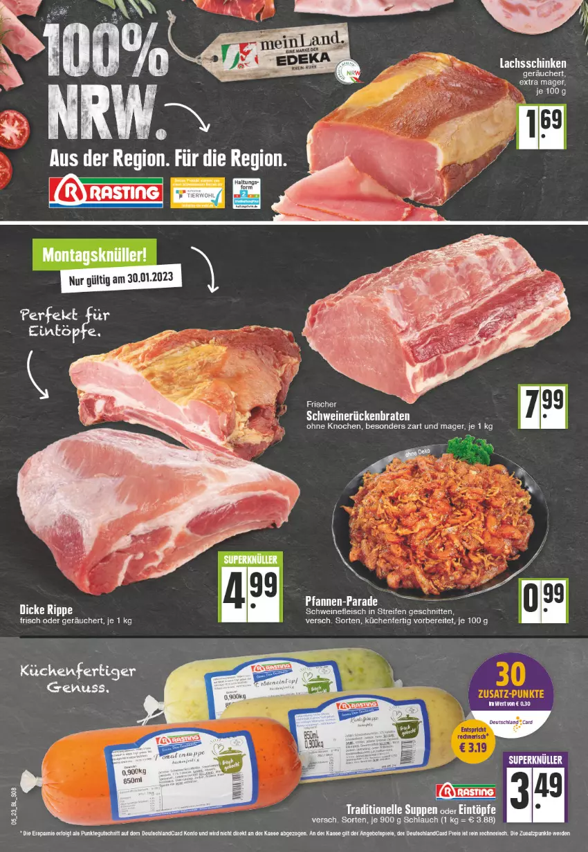 Aktueller Prospekt Edeka - Angebote der Woche - von 30.01 bis 04.02.2023 - strona 8 - produkty: asti, bett, eis, elle, fleisch, küche, Küchen, lachs, lachsschinken, reifen, schinken, schlauch, schnitten, schwein, schweine, schweinefleisch, suppe, suppen, tee, Ti, wein, weine