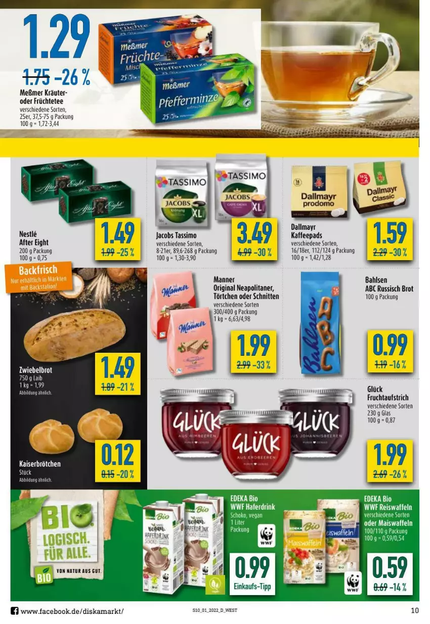 Aktueller Prospekt Diska - Prospekte - von 03.01 bis 08.01.2022 - strona 10 - produkty: after eight, aufstrich, bahlsen, bio, brot, dallmayr, deka, drink, edeka bio, frucht, fruchtaufstrich, früchte, Früchtetee, gin, hafer, Haferdrink, jacobs, jacobs tassimo, kaffee, kaffeepads, kräuter, LG, Manner, Meßmer, natur, rum, russisch brot, schnitten, sim, tassimo, tee, Ti, Törtchen