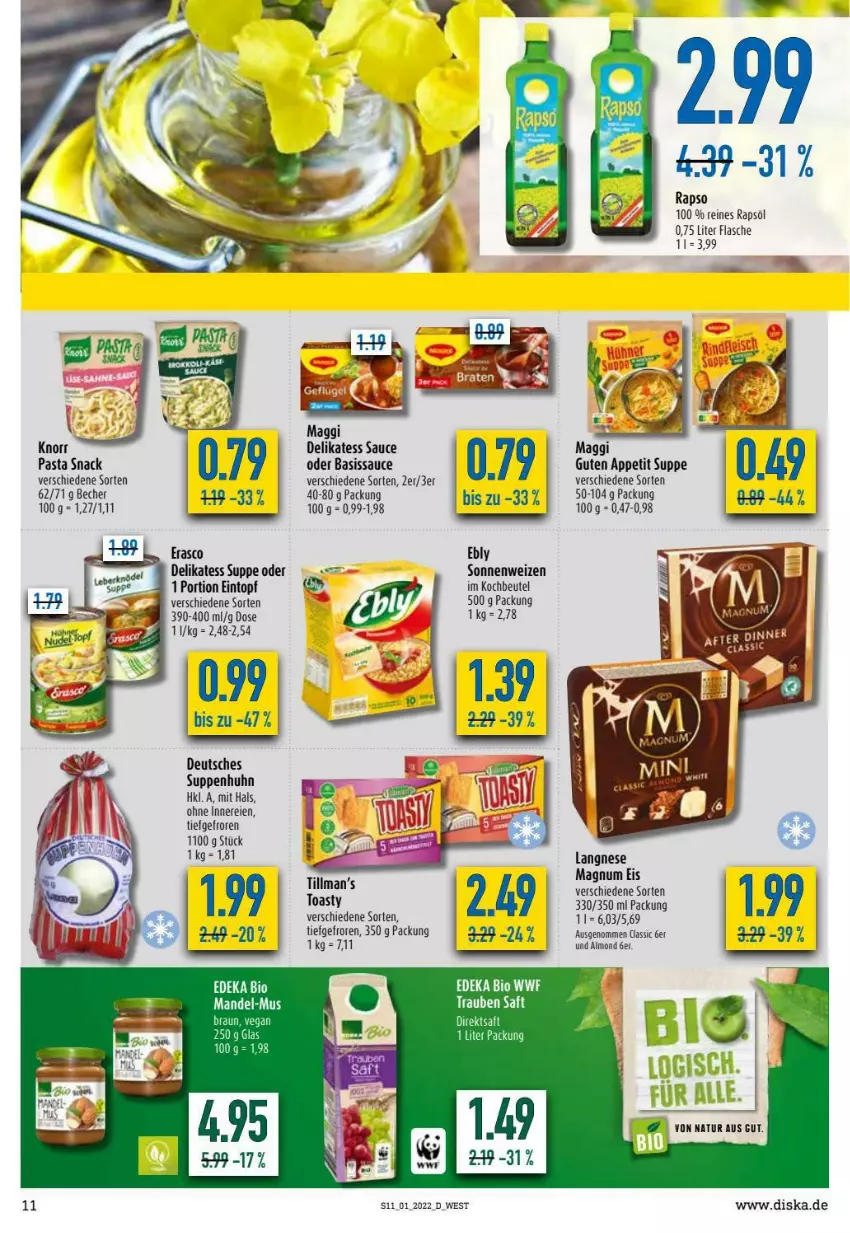 Aktueller Prospekt Diska - Prospekte - von 03.01 bis 08.01.2022 - strona 11 - produkty: Becher, beutel, bio, braun, deka, delikatess sauce, direktsaft, edeka bio, eintopf, eis, erasco, flasche, kochbeutel, langnese, maggi, magnum, mandel, pasta, pasta snack, rapso, rapsöl, reines rapsöl, saft, sauce, snack, suppe, suppen, Suppenhuhn, Ti, topf