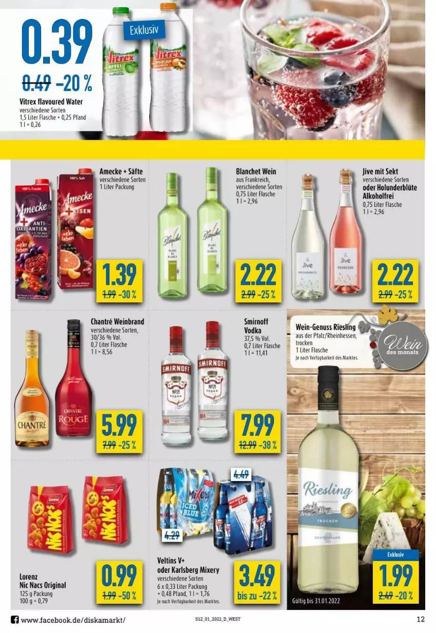 Aktueller Prospekt Diska - Prospekte - von 03.01 bis 08.01.2022 - strona 12 - produkty: alkohol, amecke, bio, Blüte, Cif, flasche, gin, holunder, holunderblüte, karlsberg, karlsberg mixery, Mixer, mixery, säfte, sekt, smirnoff, Ti, veltins, vitrex, vodka, wein, weinbrand