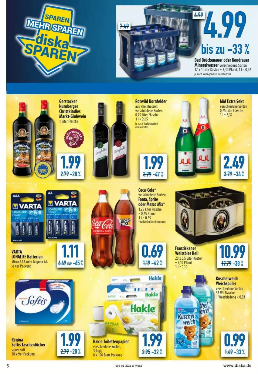 Aktueller Prospekt Diska - Prospekte - von 03.01 bis 08.01.2022 - strona 5 - produkty: Alwa, auer, Bad, batterie, batterien, Berger, bier, coca-cola, cola, dornfelder, eis, fanta, flasche, franziskaner, Glühwein, Kindle, Kuschelweich, limo, limonade, longlife, mineralwasser, mm extra, nürnberger, papier, sekt, sprite, Ti, toilettenpapier, uhu, varta, wasser, weichspüler, wein, weissbier, Wild