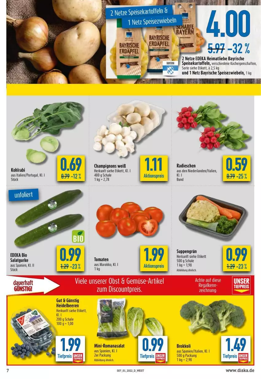 Aktueller Prospekt Diska - Prospekte - von 03.01 bis 08.01.2022 - strona 7 - produkty: beere, beeren, bio, brokkoli, champignon, champignons, deka, edeka bio, eis, heidelbeere, heidelbeeren, kartoffel, kartoffeln, kohlrabi, radieschen, Romanasalat, salat, Schal, Schale, speisekartoffeln, Speisezwiebeln, suppe, suppen, Ti, tomate, tomaten, zwiebel, zwiebeln