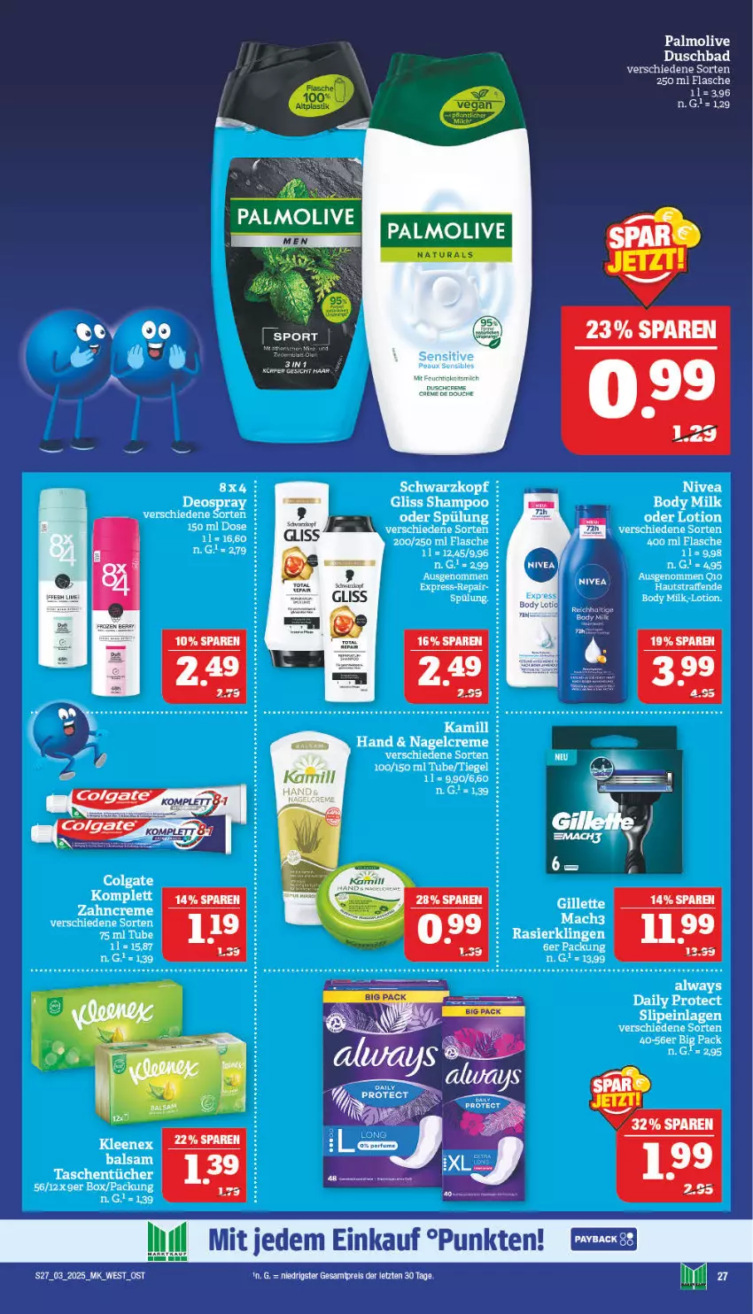 Aktueller Prospekt Marktkauf - Prospekt - von 12.01 bis 18.01.2025 - strona 27 - produkty: Alwa, Always, Bad, balsam, bett, body, body milk, creme, deo, deospray, duschbad, flasche, gliss, Lotion, mac, mach3, natur, natura, nivea, olive, palmolive, payback, Q10, Rasierklinge, rasierklingen, schwarzkop, schwarzkopf, shampoo, slip, slipeinlagen, spülung, Tasche, taschen, taschentücher, tee, Ti, tücher