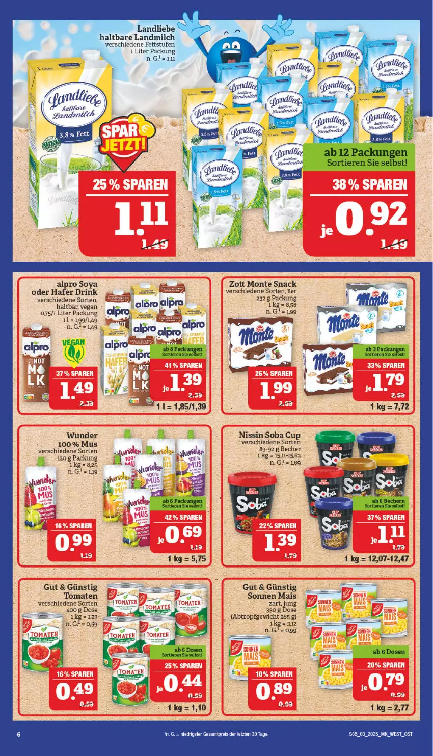 Aktueller Prospekt Marktkauf - Prospekt - von 12.01 bis 18.01.2025 - strona 6 - produkty: alpro, Becher, drink, hafer, landliebe, landmilch, mais, milch, monte, Nissin, snack, soya, tee, Ti, tomate, tomaten, Zander, zott, Zott Monte