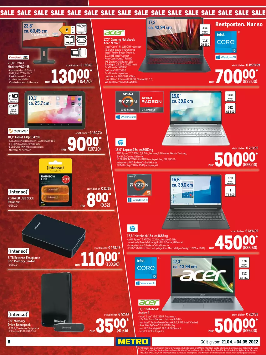 Aktueller Prospekt Metro - Technik Spezial - von 21.04 bis 04.05.2022 - strona 8 - produkty: acer, AMD Radeon, aust, celeron, deo, elle, ente, Externe Festplatte, festplatte, gaming notebook, geforce, Intel, Laptop, latte, microsd, monitor, notebook, nvidia, office, Pentium, quad, radeon, Ria, rtx, ryzen, spiegel, ssd, tablet, teller, Ti, touchscreen, usb, usb stick