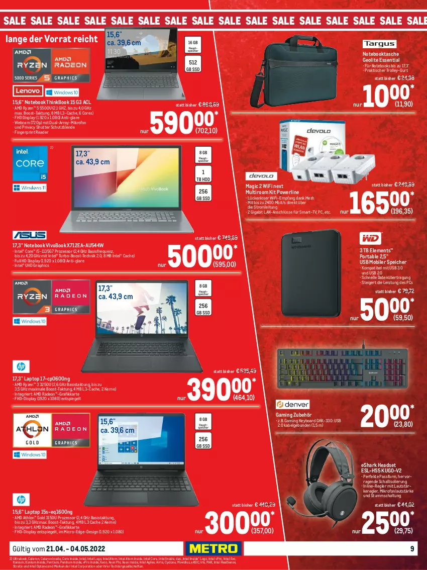 Aktueller Prospekt Metro - Technik Spezial - von 21.04 bis 04.05.2022 - strona 9 - produkty: AMD Radeon, celeron, deo, eis, elle, HD Graphics, Headset, Intel, Laptop, LG, notebook, notebooks, Pentium, radeon, Ria, ryzen, Schal, spiegel, Tasche, Ti, tisch, trolley, uhd, usb, VivoBook