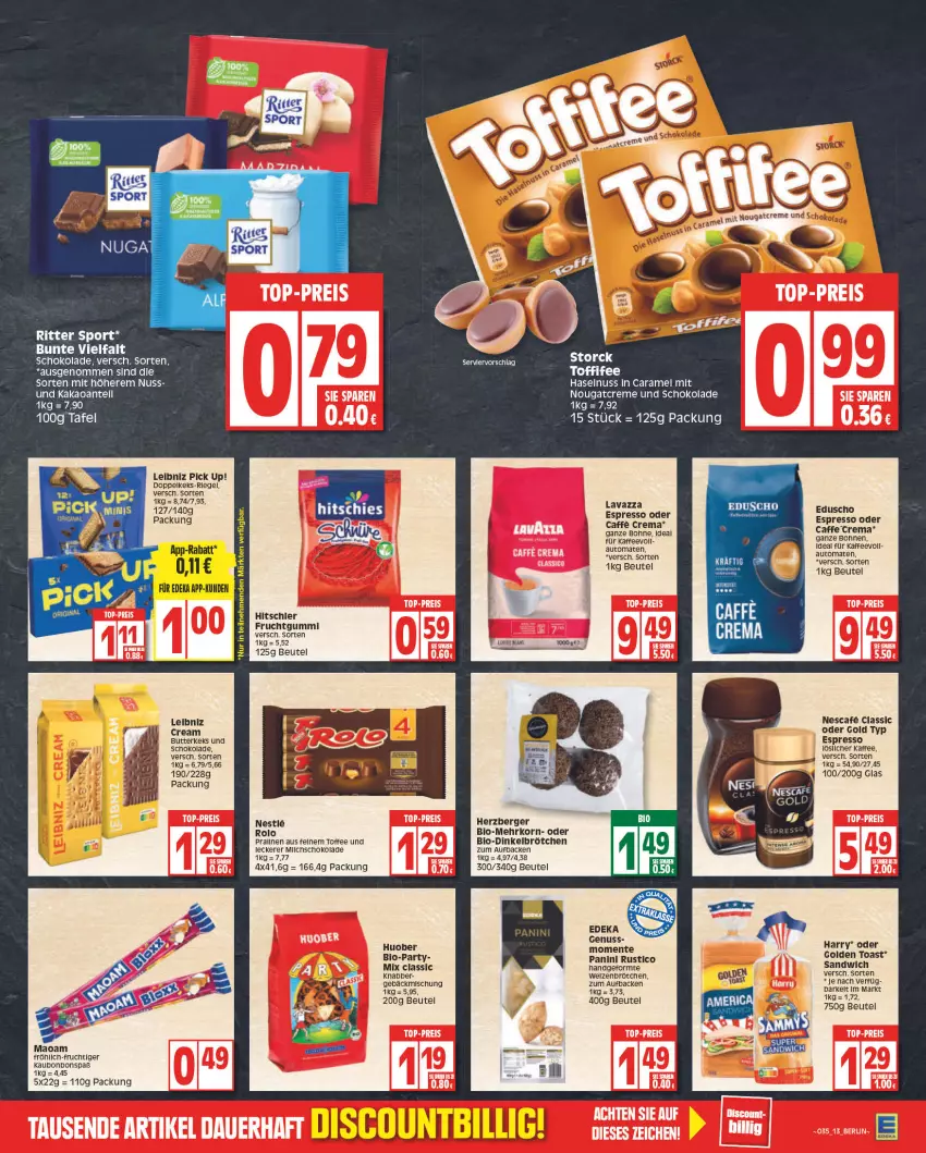 Aktueller Prospekt Edeka - Angebote der Woche - von 29.08 bis 03.09.2022 - strona 13 - produkty: auto, Berger, beutel, bio, bohne, bohnen, bonbons, brötchen, butter, butterkeks, caffe, caramel, creme, deka, dinkelbrötchen, discount, eduscho, eis, ente, espresso, espresso oder, frucht, fruchtgummi, gebäckmischung, golden toast, haselnuss, herzberger, hitschler, huober, kaffee, kakao, keks, korn, lavazza, leibniz, löslicher kaffee, maoam, Nougatcreme, nuss, Pick Up!, pralinen, reis, riegel, ritter, ritter sport, sandwich, schoko, schokolade, Sport, Ti, toast, tomate, tomaten, top-preis, weizenbrötchen