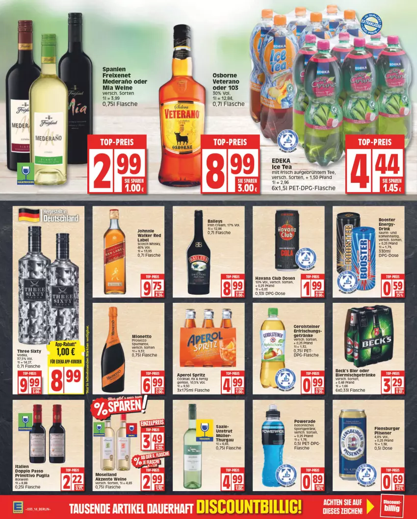 Aktueller Prospekt Edeka - Angebote der Woche - von 29.08 bis 03.09.2022 - strona 14 - produkty: aperol, ball, beck's, bier, burger, cocktail, deka, doppio passo, drink, ecco, eis, ente, flasche, flensburger, freixenet, gerolsteine, gerolsteiner, getränk, getränke, Havana Club, irish cream, johnnie walker, mionetto, moselland, Müller, osborne, passo, primitivo, prosecco, puma, rotwein, scotch, scotch whisky, Sport, spumante, steiner, tee, Ti, veterano, wein, weine, whisky