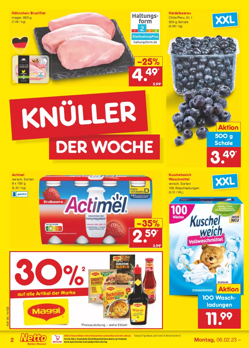 Aktueller Prospekt Netto Marken-Discount - Filial-Angebote - von 06.02 bis 11.02.2023 - strona 2 - produkty: actimel, beere, beeren, bestpreis, brustfilet, eis, filet, hähnchen-brustfilet, heidelbeere, heidelbeeren, Kuschelweich, ndk, reis, Schal, Schale, Ti, waschmittel