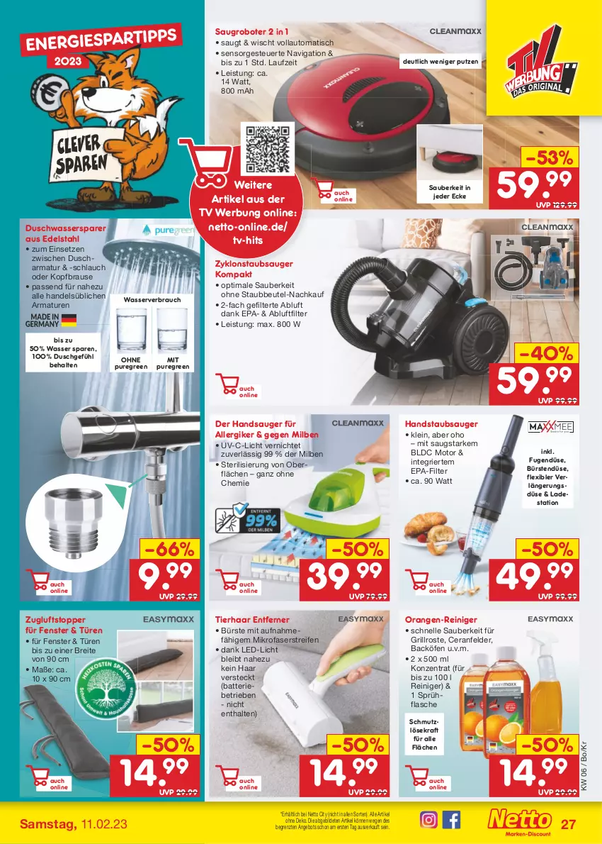 Aktueller Prospekt Netto Marken-Discount - Filial-Angebote - von 06.02 bis 11.02.2023 - strona 27 - produkty: angebot, armatur, armaturen, auto, batterie, beutel, brause, Brei, bürste, bürsten, edelstahl, eis, elle, fenster, flasche, grill, grillrost, handstaubsauger, kraft, led-licht, mikrofaser, orange, orangen, Rauch, reifen, reiniger, Saugroboter, schlauch, sprühflasche, staubbeutel, staubsauger, Ti, tisch, topper, wasser, ZTE, Zugluftstopper