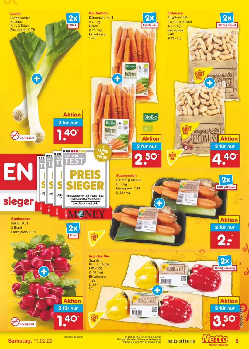 Aktueller Prospekt Netto Marken-Discount - Filial-Angebote - von 06.02 bis 11.02.2023 - strona 5 - produkty: angebot, asti, bestpreis, beutel, bio, eis, erdnüsse, LG, möhren, paprika, radieschen, reis, Schal, Schale, suppe, suppen, Ti, ZTE