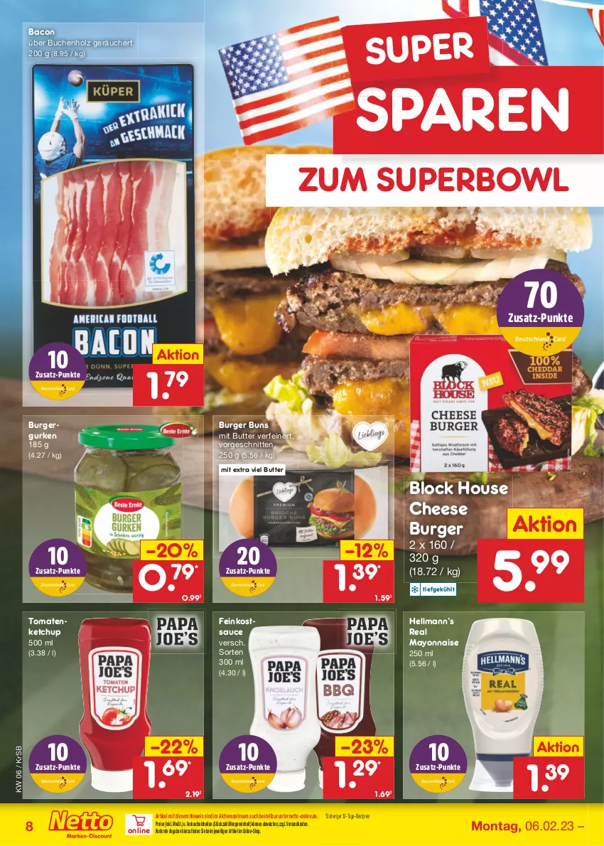 Aktueller Prospekt Netto Marken-Discount - Filial-Angebote - von 06.02 bis 11.02.2023 - strona 8 - produkty: bacon, bestpreis, buch, burger, burger buns, butter, eis, feinkost, gurke, gurken, Holz, ketchup, mayonnaise, ndk, reis, sauce, schnitten, Ti, tomate, tomaten, tomatenketchup, Yo