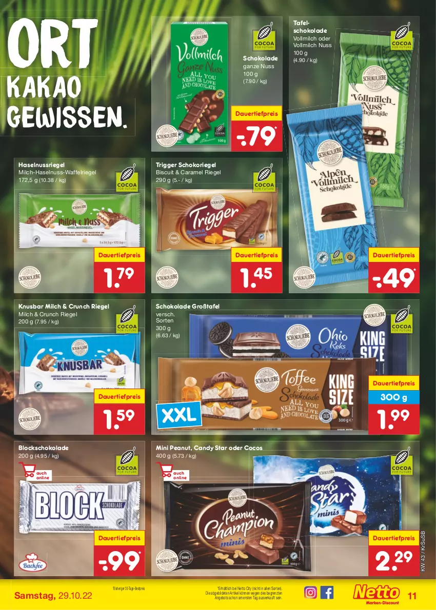 Aktueller Prospekt Netto Marken-Discount - Filial-Angebote - von 24.10 bis 29.10.2022 - strona 11 - produkty: angebot, auer, bestpreis, caramel, cocos, dauertiefpreis, eis, haselnuss, kakao, milch, nuss, nussriegel, reis, riegel, schoko, schokolade, schokoriegel, tafelschokolade, Ti, tiefpreis, usb, vollmilch, ZTE