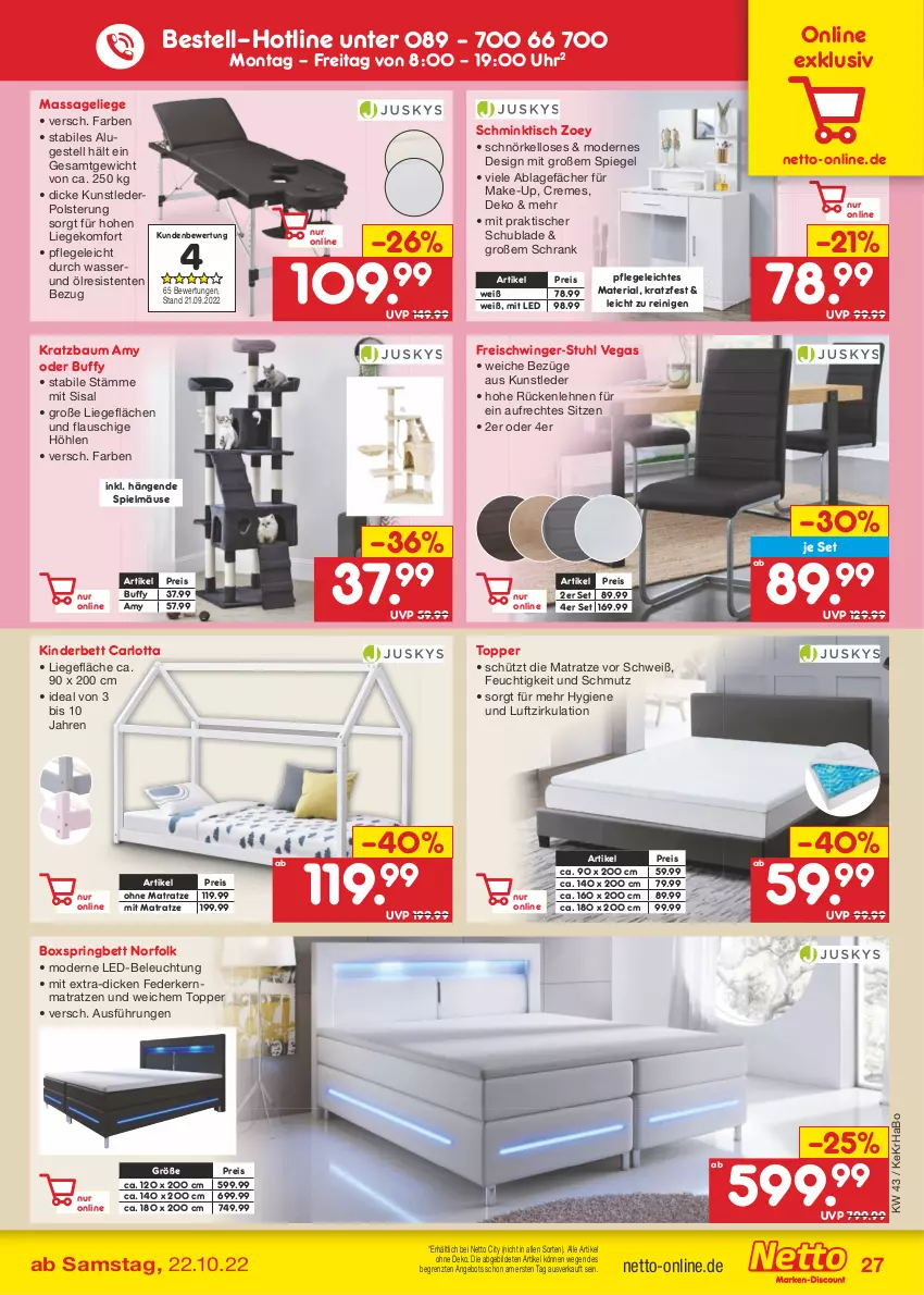 Aktueller Prospekt Netto Marken-Discount - Filial-Angebote - von 24.10 bis 29.10.2022 - strona 27 - produkty: angebot, arlo, Bau, beleuchtung, bett, boxspringbett, creme, eis, ente, federkern, federkernmatratze, Freischwinger, kernmatratze, Kinder, Kinderbett, Kratzbaum, led-beleuchtung, Liege, Make-up, matratze, matratzen, Mode, ohne matratze, reis, Ria, ring, rückenlehne, Schrank, spiegel, stuhl, Ti, tisch, topper, uhr, wasser, ZTE