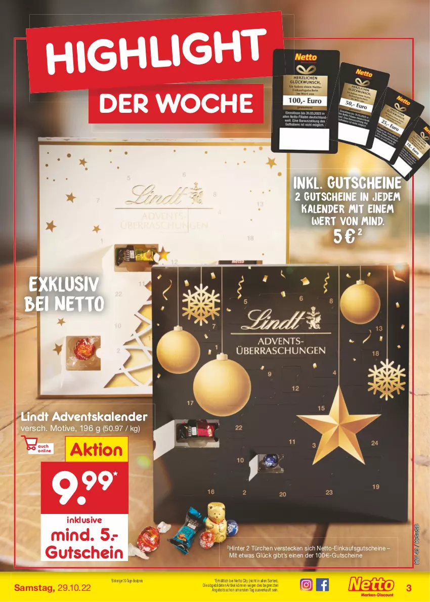 Aktueller Prospekt Netto Marken-Discount - Filial-Angebote - von 24.10 bis 29.10.2022 - strona 3 - produkty: Adventskalender, angebot, bestpreis, eis, gutschein, gutscheine, lindt, reis, Ti, usb, ZTE