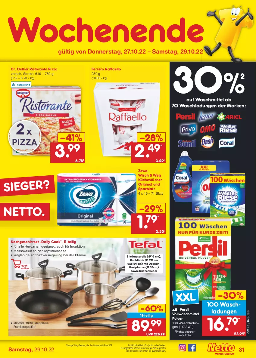 Aktueller Prospekt Netto Marken-Discount - Filial-Angebote - von 24.10 bis 29.10.2022 - strona 31 - produkty: angebot, bestpreis, bratpfanne, decke, Deckel, Dr. Oetker, edelstahl, eis, ferrero, geschirr, gin, herdarten, küche, Küchen, Küchenhelfer, küchentücher, persil, pfanne, pizza, raffaello, reis, Ria, ristorante, ristorante pizza, stielkasserolle, Ti, topf, tücher, usb, vollwaschmittel, waschmittel, zewa, ZTE