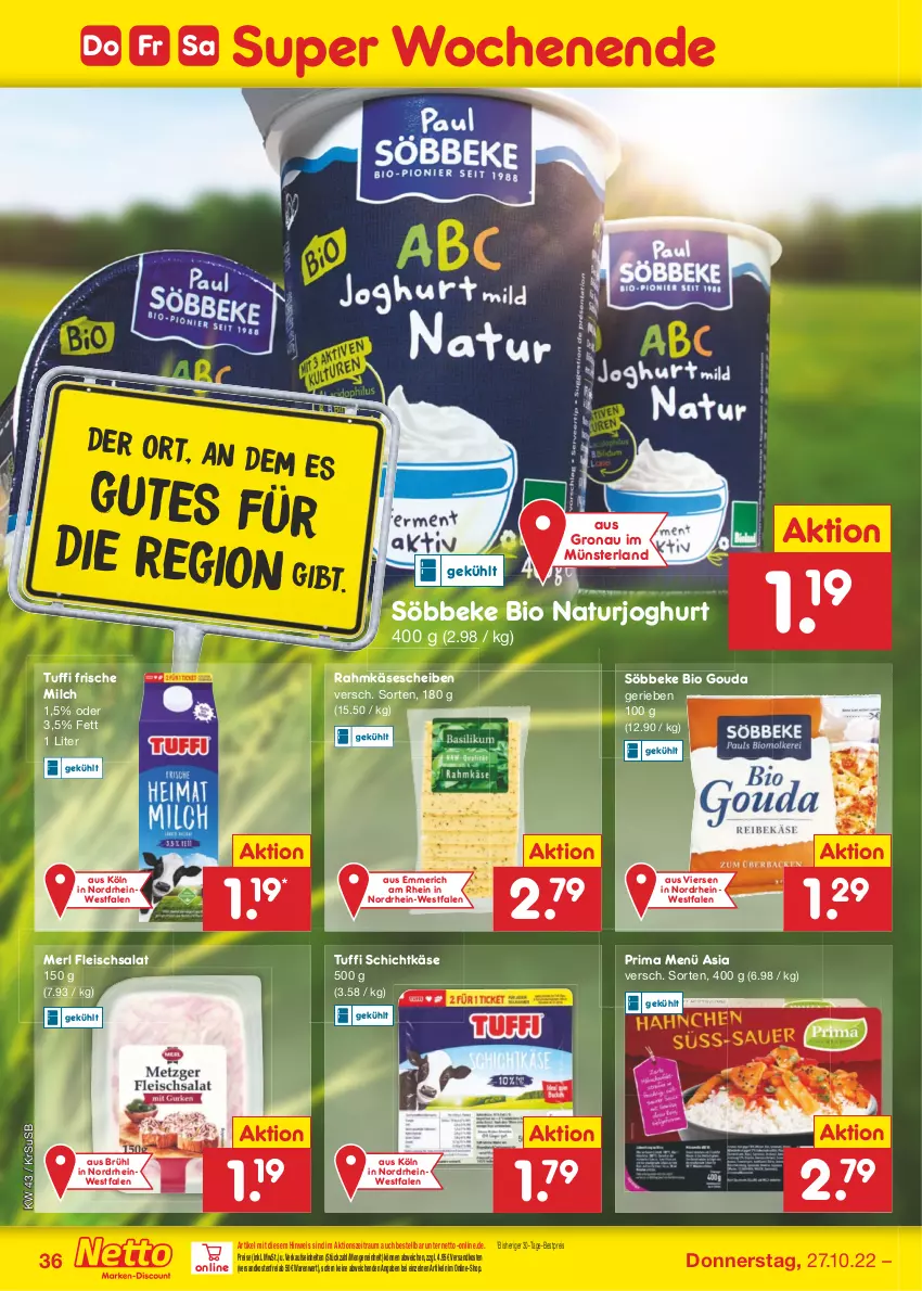 Aktueller Prospekt Netto Marken-Discount - Filial-Angebote - von 24.10 bis 29.10.2022 - strona 36 - produkty: bestpreis, bio, eis, fleisch, fleischsalat, frische milch, gouda, joghur, joghurt, Käse, käsescheiben, merl, milch, natur, naturjoghurt, ndk, reis, salat, söbbeke, Ti, usb, versandkostenfrei