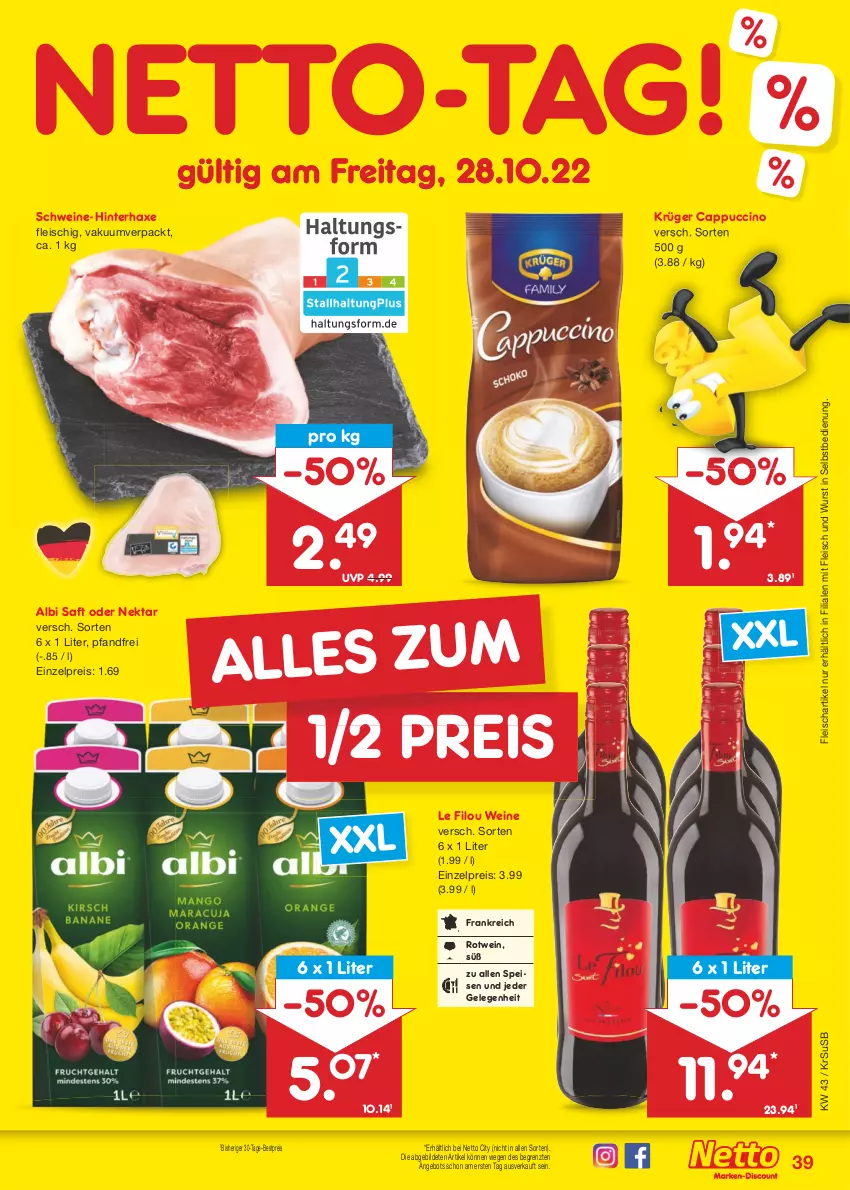 Aktueller Prospekt Netto Marken-Discount - Filial-Angebote - von 24.10 bis 29.10.2022 - strona 39 - produkty: angebot, axe, bestpreis, Cap, cappuccino, cin, eis, fleisch, Haxe, krüger, Nektar, reis, rotwein, saft, schwein, schweine, Ti, usb, wein, weine, wurst, wurst in selbstbedienung, ZTE