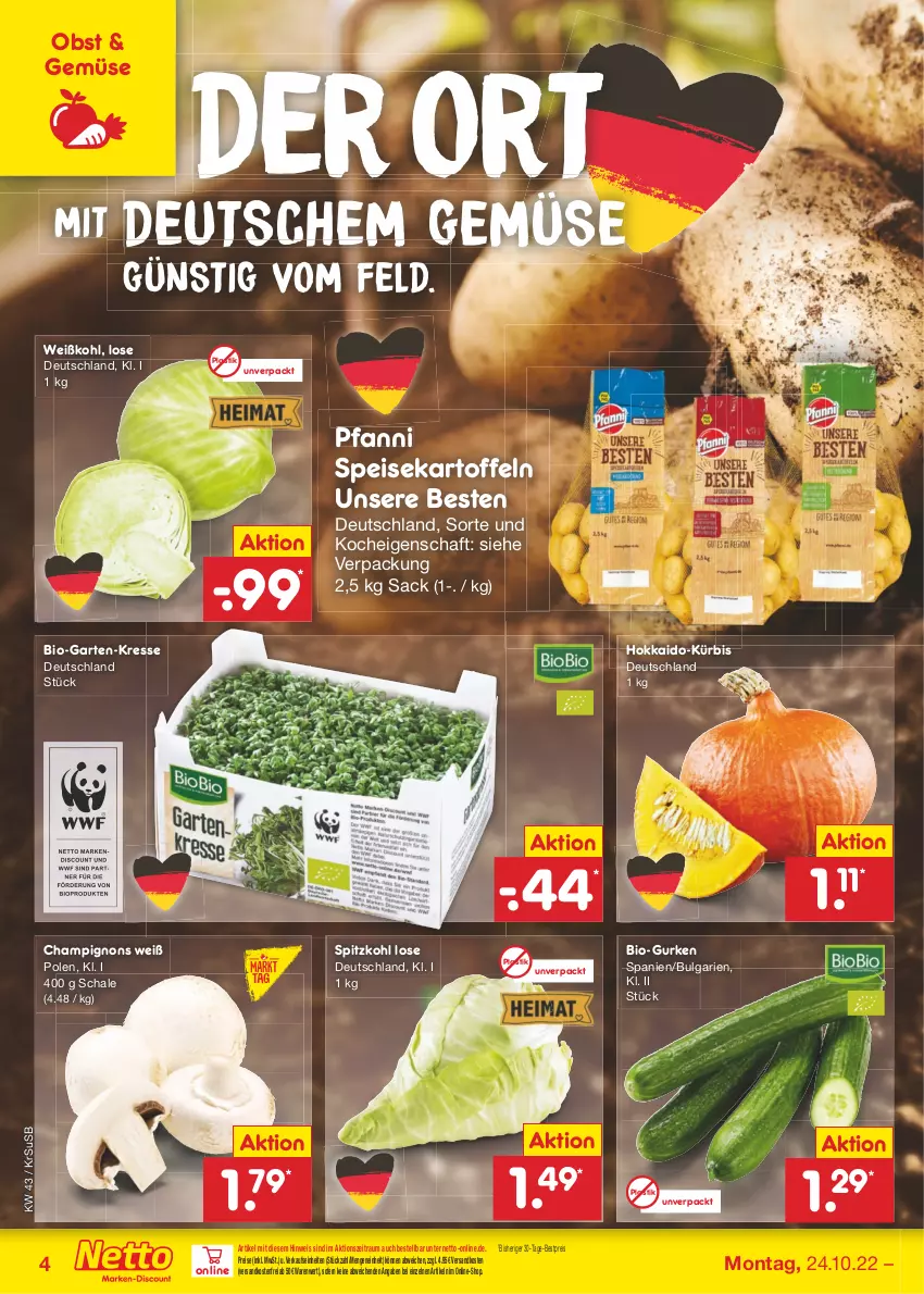 Aktueller Prospekt Netto Marken-Discount - Filial-Angebote - von 24.10 bis 29.10.2022 - strona 4 - produkty: asti, bestpreis, bio, champignon, champignons, discount, eis, Garten, gurke, gurken, kartoffel, kartoffeln, Kürbis, LG, ndk, obst, pfanni, reis, sac, Schal, Schale, speisekartoffeln, spitzkohl, Ti, usb, versandkostenfrei, Weißkohl