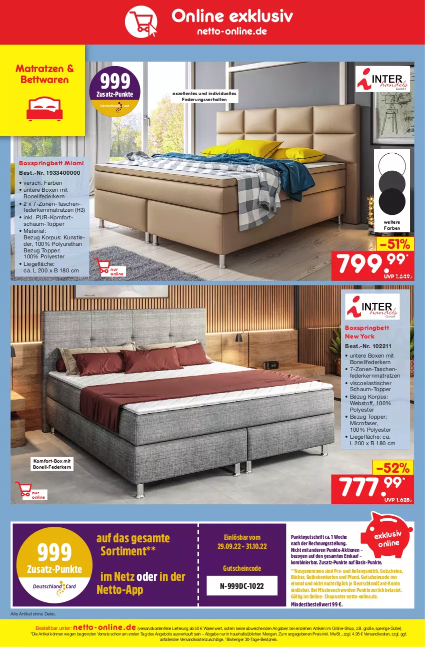 Aktueller Prospekt Netto Marken-Discount - Filial-Angebote - von 24.10 bis 29.10.2022 - strona 44 - produkty: angebot, asti, bestpreis, bett, boxspringbett, deutschlandcard, eis, elle, ente, erde, federkern, federkernmatratze, guthabenkarte, gutschein, gutscheine, kernmatratze, Liege, matratze, matratzen, milch, ndk, Rauch, reis, Ria, ring, Tasche, taschen, taschenfederkernmatratze, Ti, tisch, topper, versandkostenfrei, Yo, ZTE