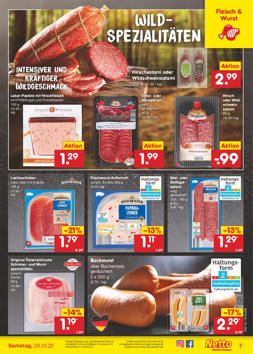 Aktueller Prospekt Netto Marken-Discount - Filial-Angebote - von 24.10 bis 29.10.2022 - strona 7 - produkty: angebot, aufschnitt, beere, beeren, bestpreis, bockwurst, buch, eis, ente, fleisch, frischwurst-aufschnitt, Gänsebrust, Geflügel, gin, Holz, kräuter, lachs, lachsschinken, Leber-Pastete, mac, natur, pastete, Pfifferlinge, reis, salami, schinken, schwein, Spezi, Ti, usb, wein, Wild, Wildschwein, wurst, ZTE